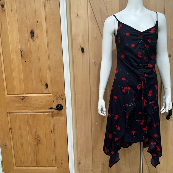 Aqua Cherry print Midi Blue Dress Size Small Red Blue Ruffle Clinch front Dress - Picture 16 of 16